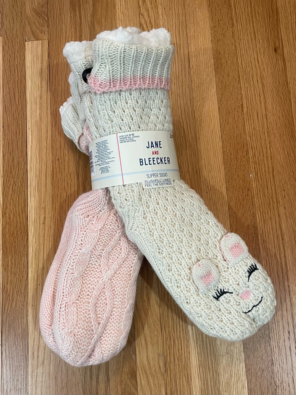 NEW Jane and Bleecker Plush-Lined Knit Slipper Socks in Cream & Light Pink